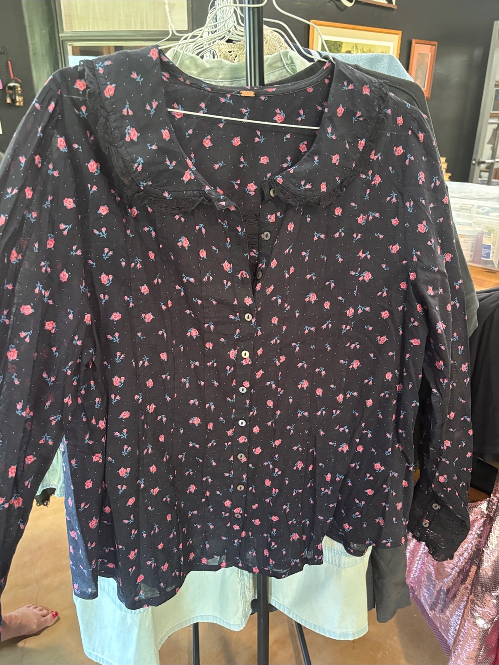Free People Black Floral Tee with Pink and Blue Blossoms